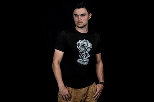 Male model displaying Haunted ATX shirt