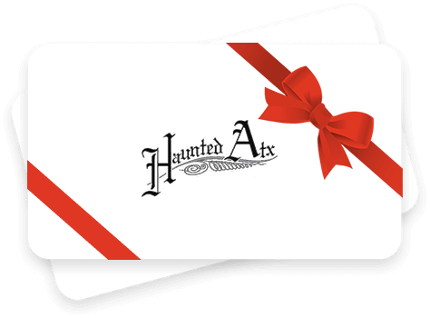 A white giftcard with a red bow around it with the Haunted ATX logo in middle